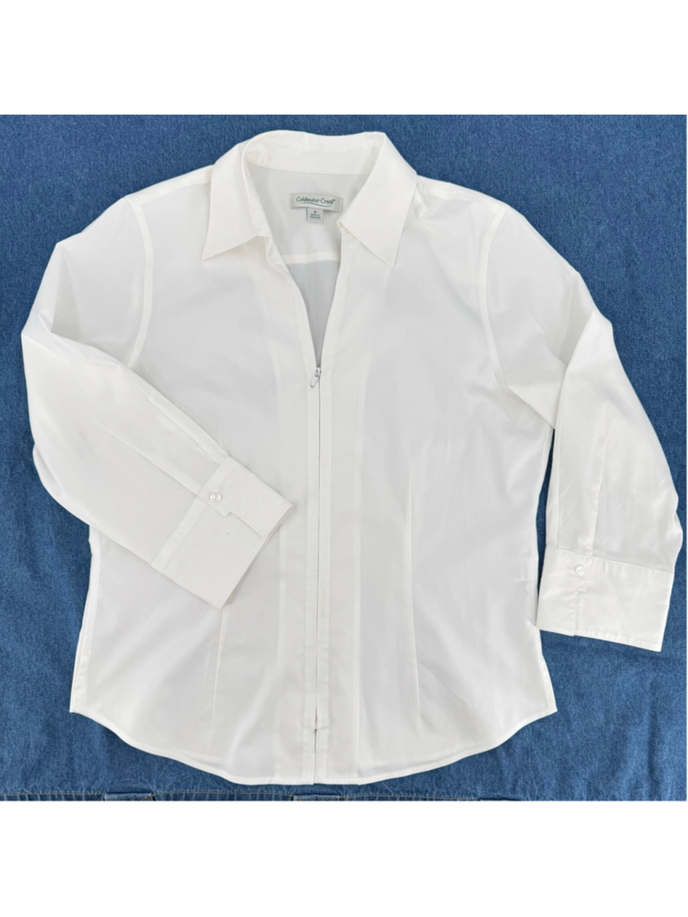 Coldwater Creek Ivory Zip Front Top Cotton 3/4 Sleeves Tailored Fit Size Medium